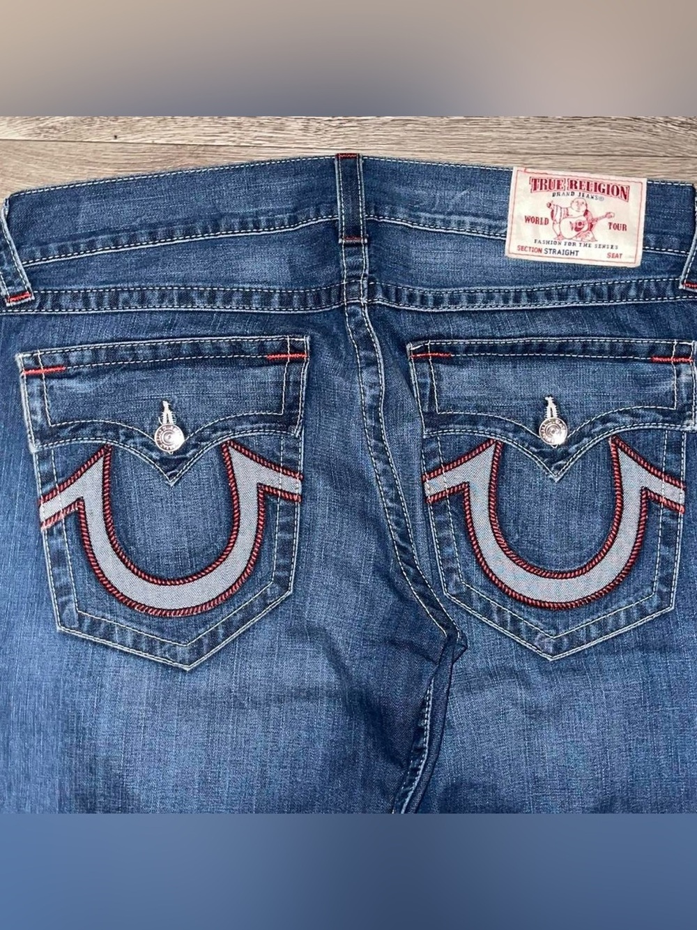 True Religion Straight Flap Blue Jeans 36x34 Relaxed Straight NTRL RED RVRS
